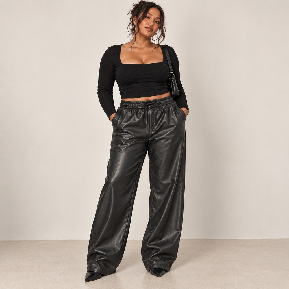 Zara Women Pants Faux Leather Drawstring Elastic Waist XXL‎ Black